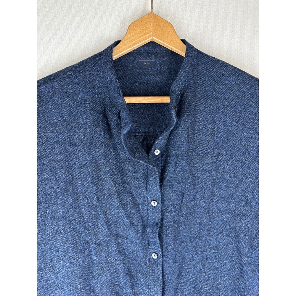 Ichi Japan Navy Blue 100% Wool Button Front Band Collar Midi Shirt Dress Pocket - Picture 2 of 10